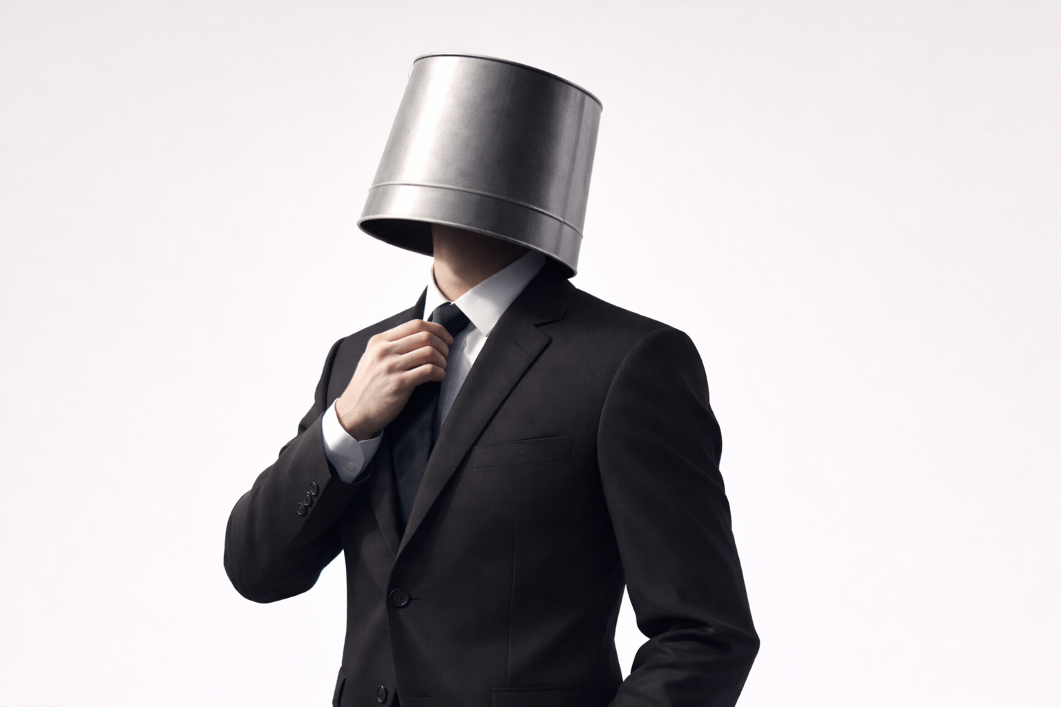 A businessman with a bucket over his head, adjusting his tie